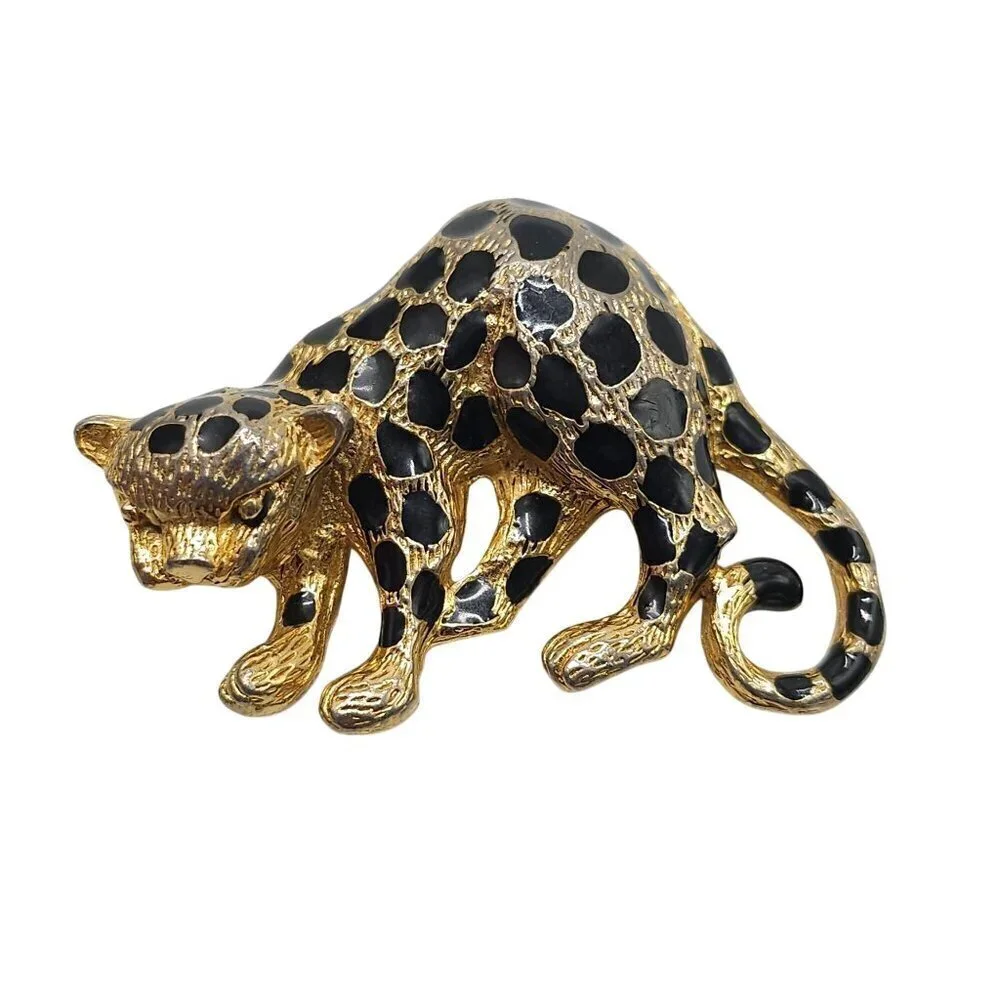 Vintage Unsigned Enamel Leopard Brooch Pendant Cheetah Jaguar